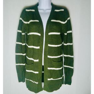 PINK ROSE DARK GREEN/GREY & WHITE STRIPED KNIT LONG SLEEVE CARDIGAN. SMALL